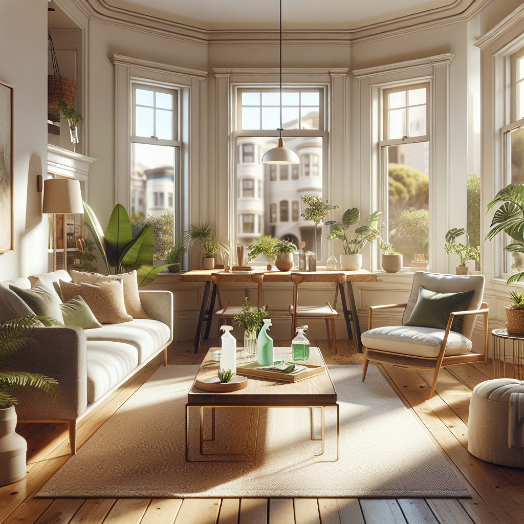 A clean and organized living room in a San Francisco home with modern furniture.