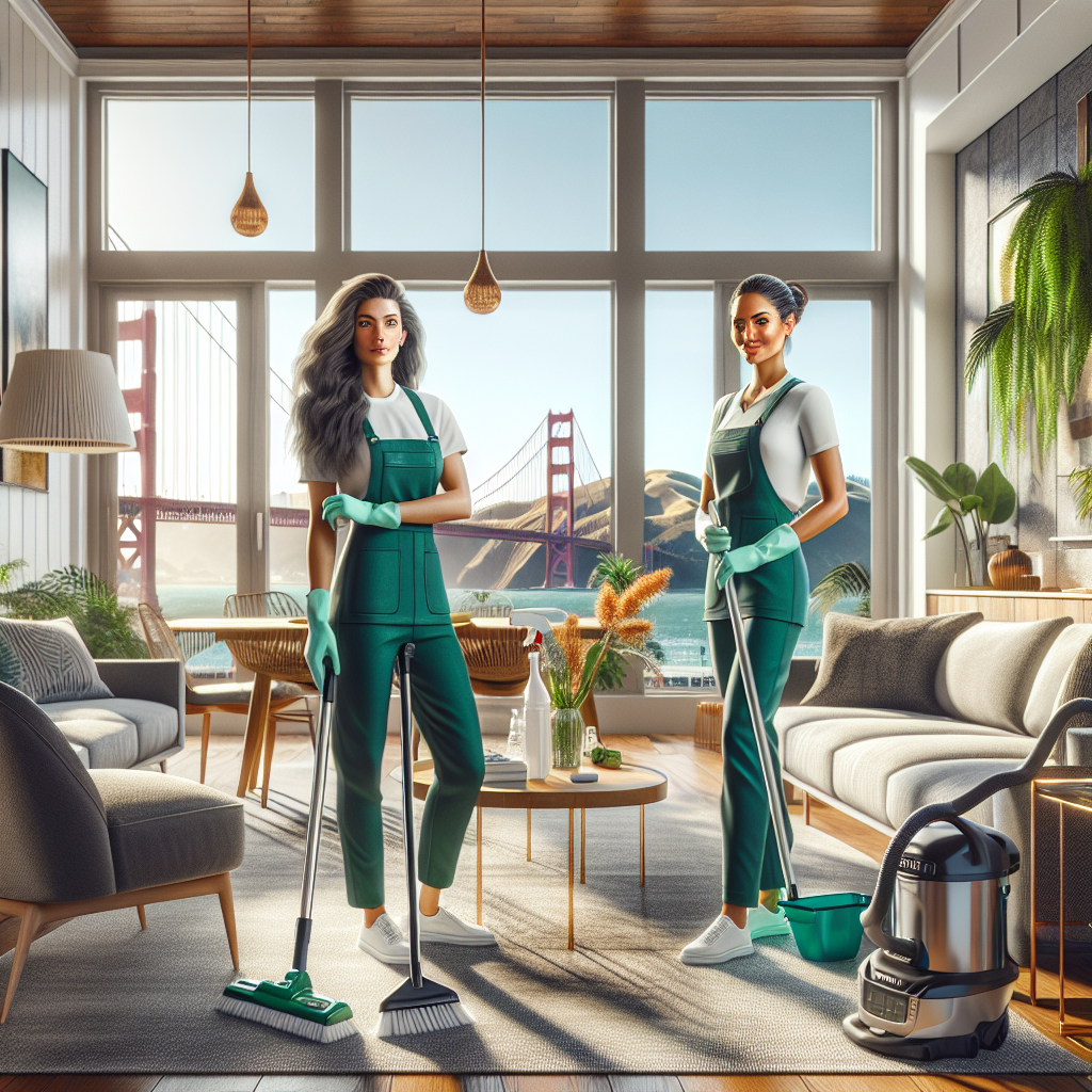 Professional house cleaning service in a modern San Francisco apartment with cleaners and eco-friendly products.