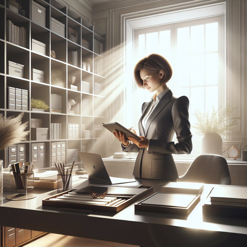 A professional organizer actively organizing a home office space.