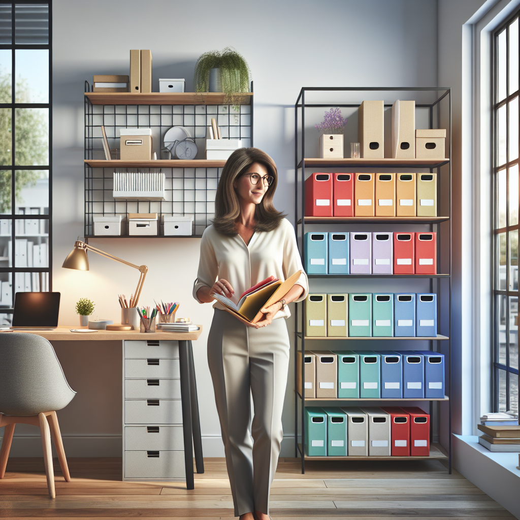 A professional organizer arranging files in a modern home office.