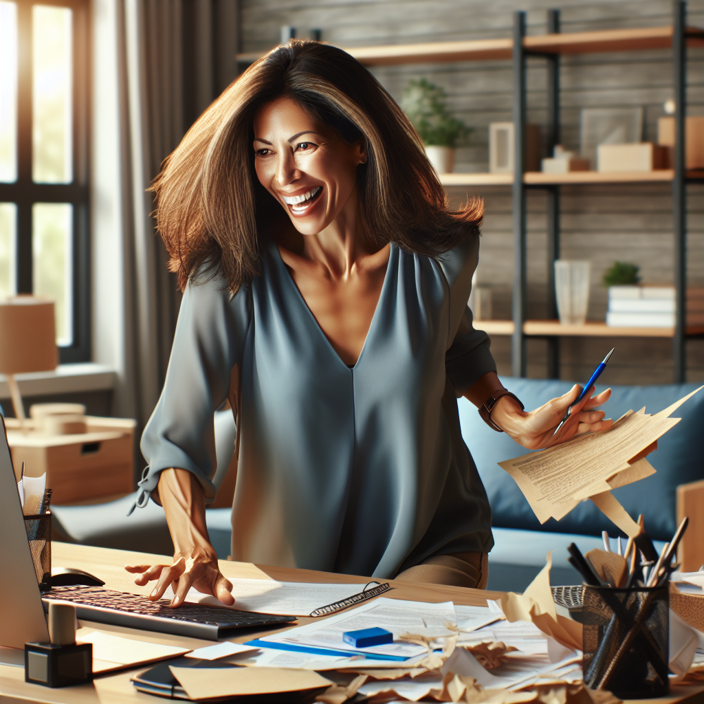 A professional organizer sorting through a cluttered desk in a modern office.