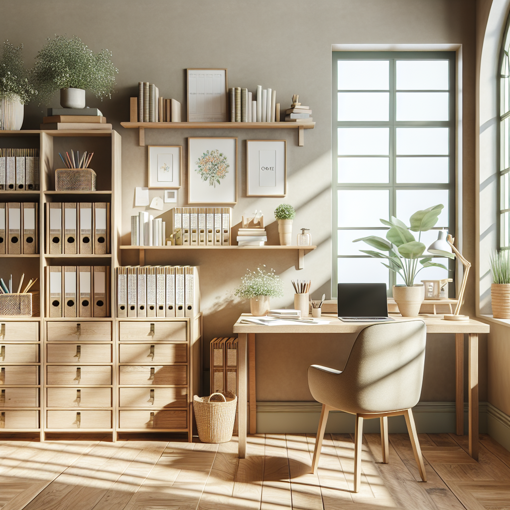 A well-organized home office with a wooden desk, laptop, and tidy decor.