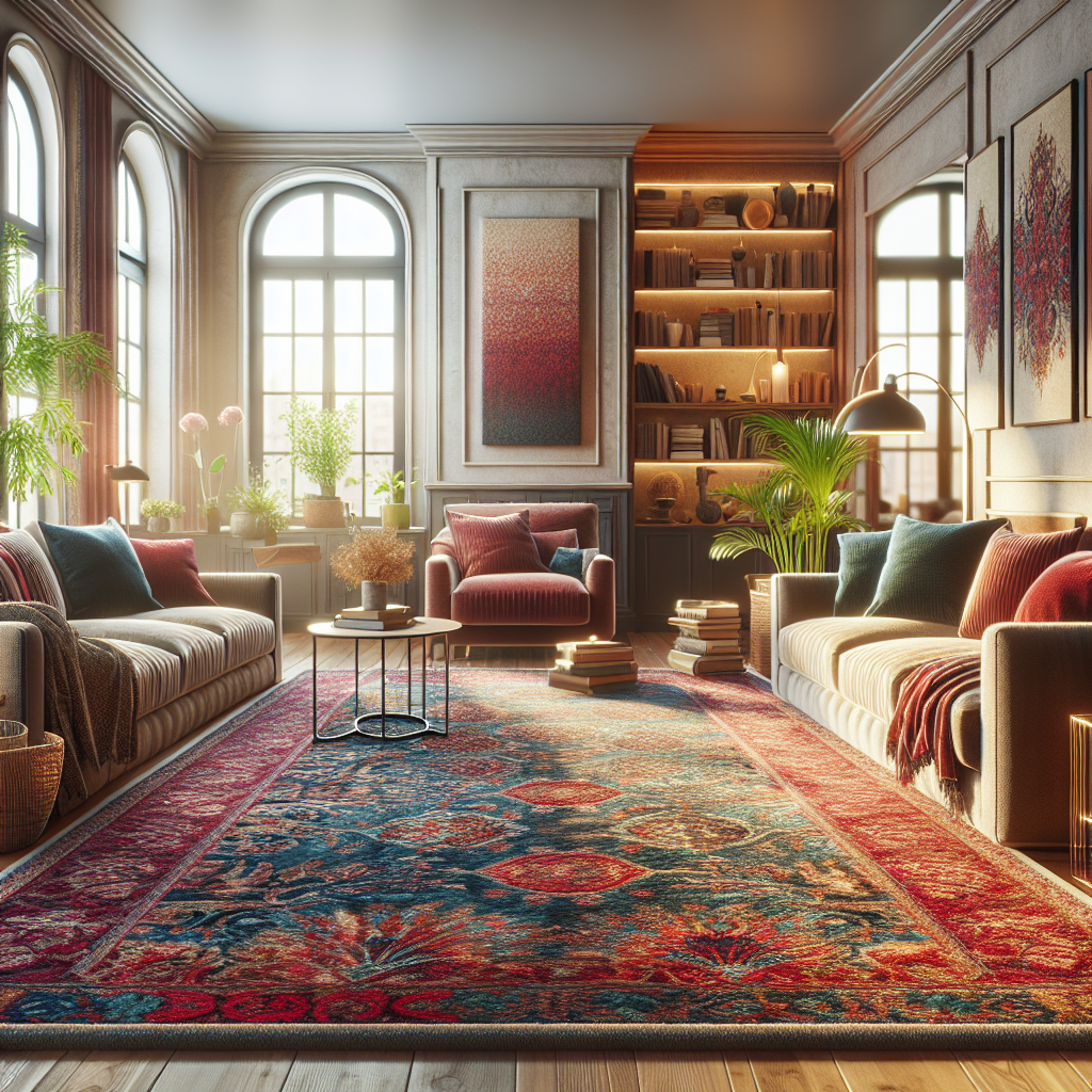 A cozy living room with a vibrant carpet, soft furniture, and warm lighting.