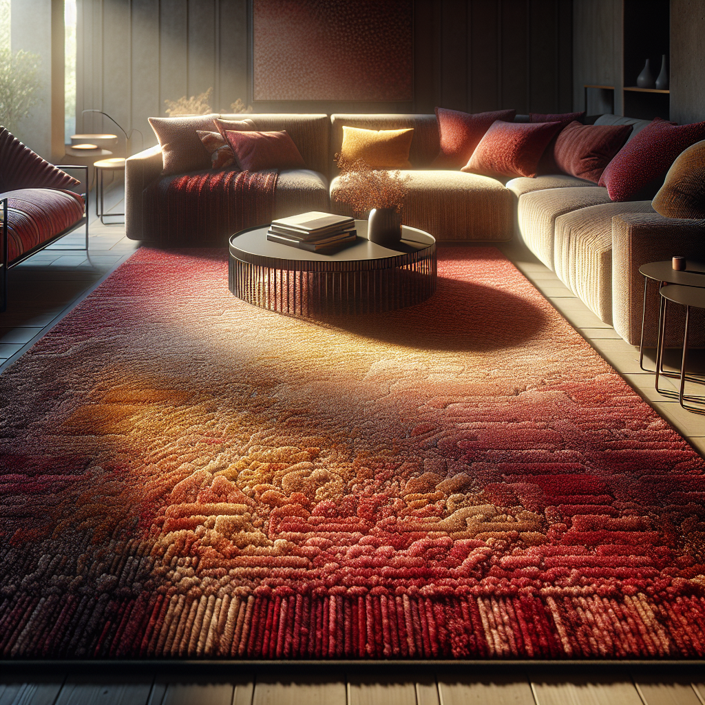 A cozy living room featuring a vibrant, richly textured carpet surrounded by modern furniture.