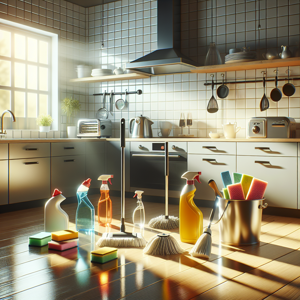 A bright, clean kitchen with various cleaning tools and no text.