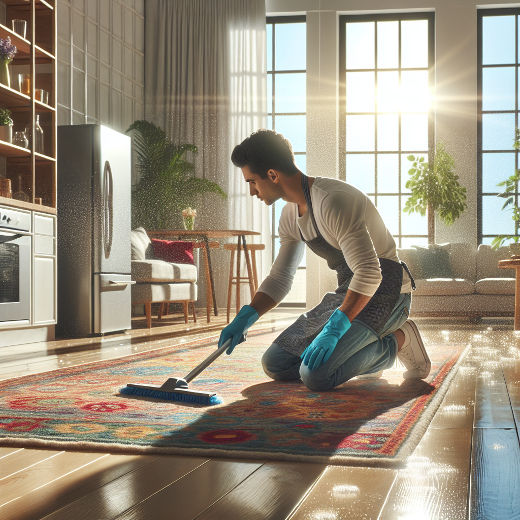 A person deep cleaning an indoor space with a sunny atmosphere.