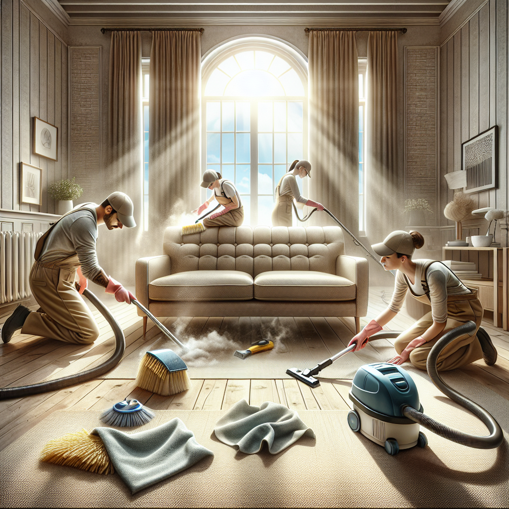 A team of cleaning professionals deep cleaning a living room, focusing on removing dust behind a sofa.