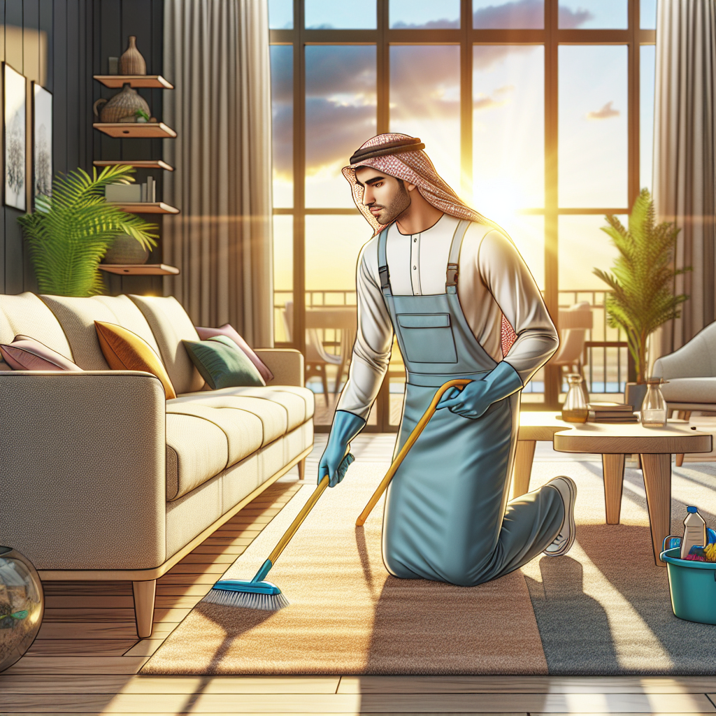 A deep cleaning scene in a modern living room.