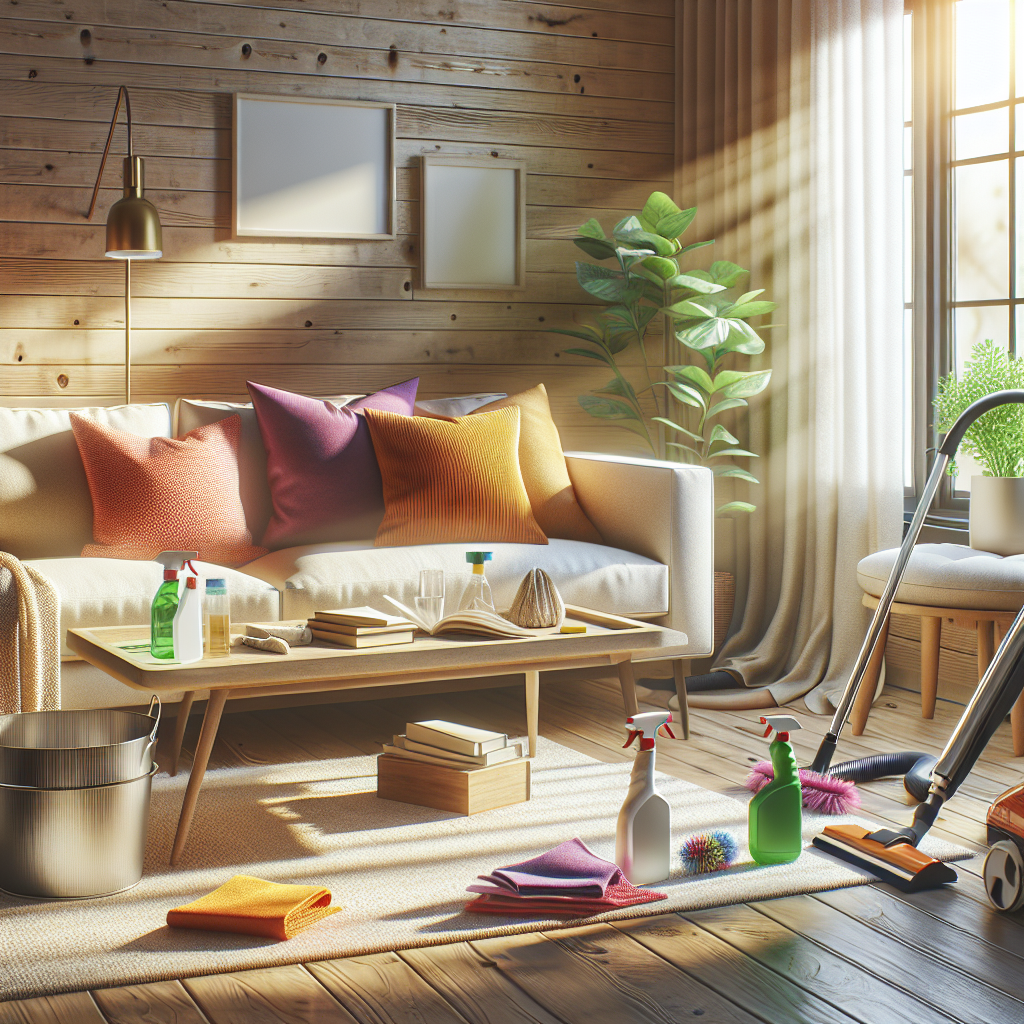 A cozy living room during deep cleaning with organized cleaning supplies and natural sunlight.