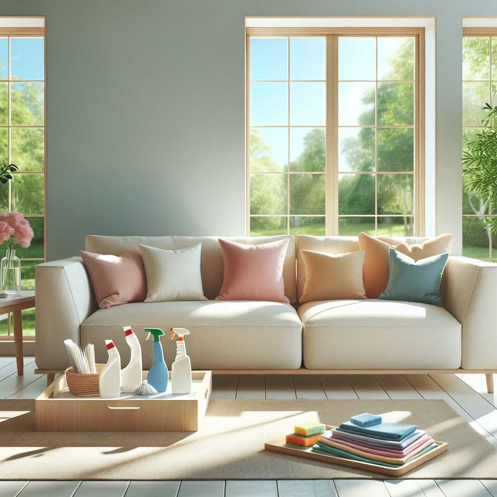 A clean and bright living room with eco-friendly cleaning supplies.