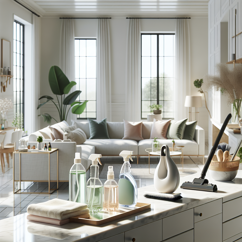 A modern, clean home interior with deep cleaning supplies neatly arranged, brightened by natural light.
