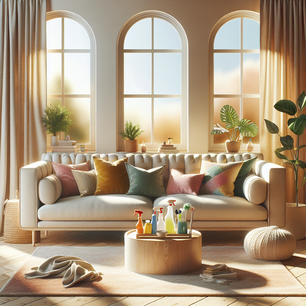 A cozy, clean living room with a sofa, coffee table, and cleaning supplies.