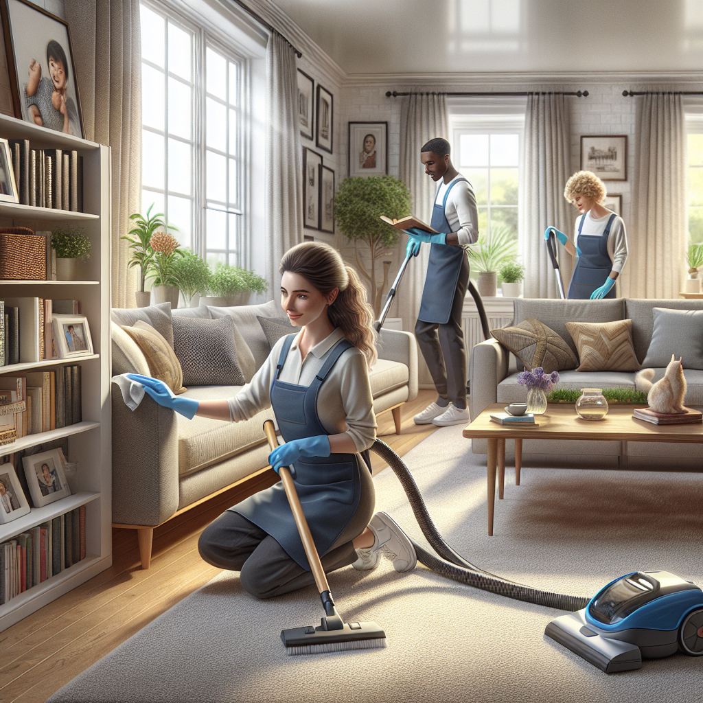A professional cleaning team working in a bright and inviting home interior.