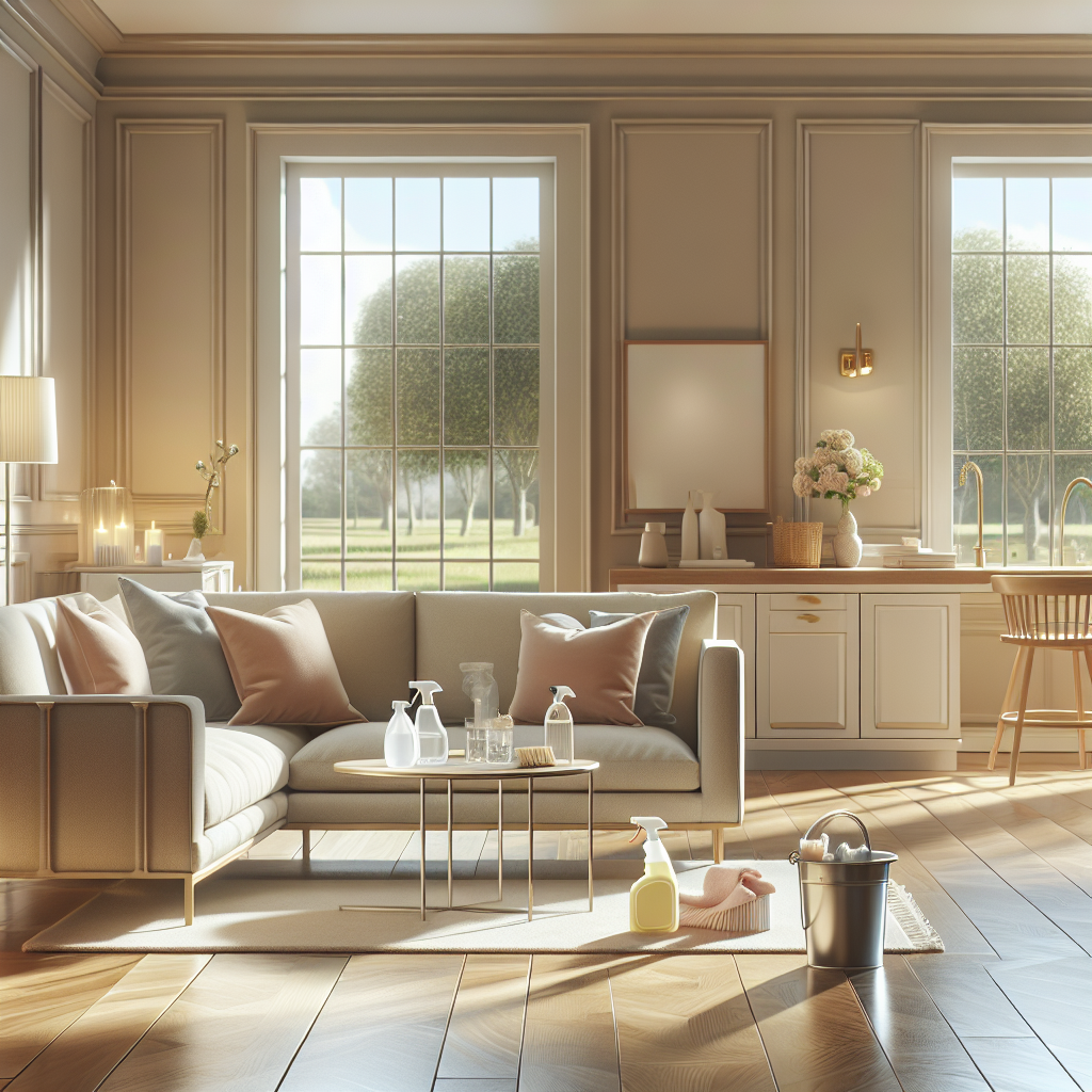 A bright, clean modern living room interior showcasing eco-friendly cleaning products.