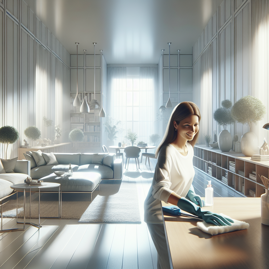 A woman cleaning a bright, clutter-free living room.