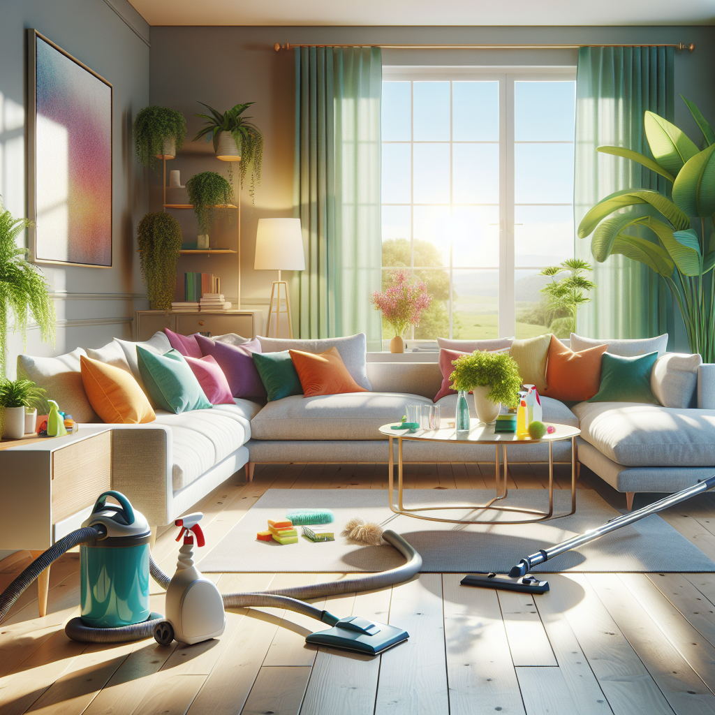 A serene living room undergoing deep cleaning.