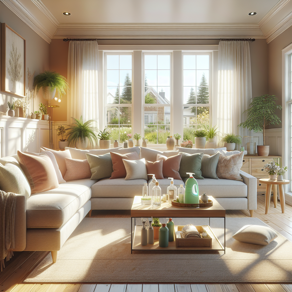 A cozy, clean home interior with a comfortable sofa and eco-friendly cleaning supplies.