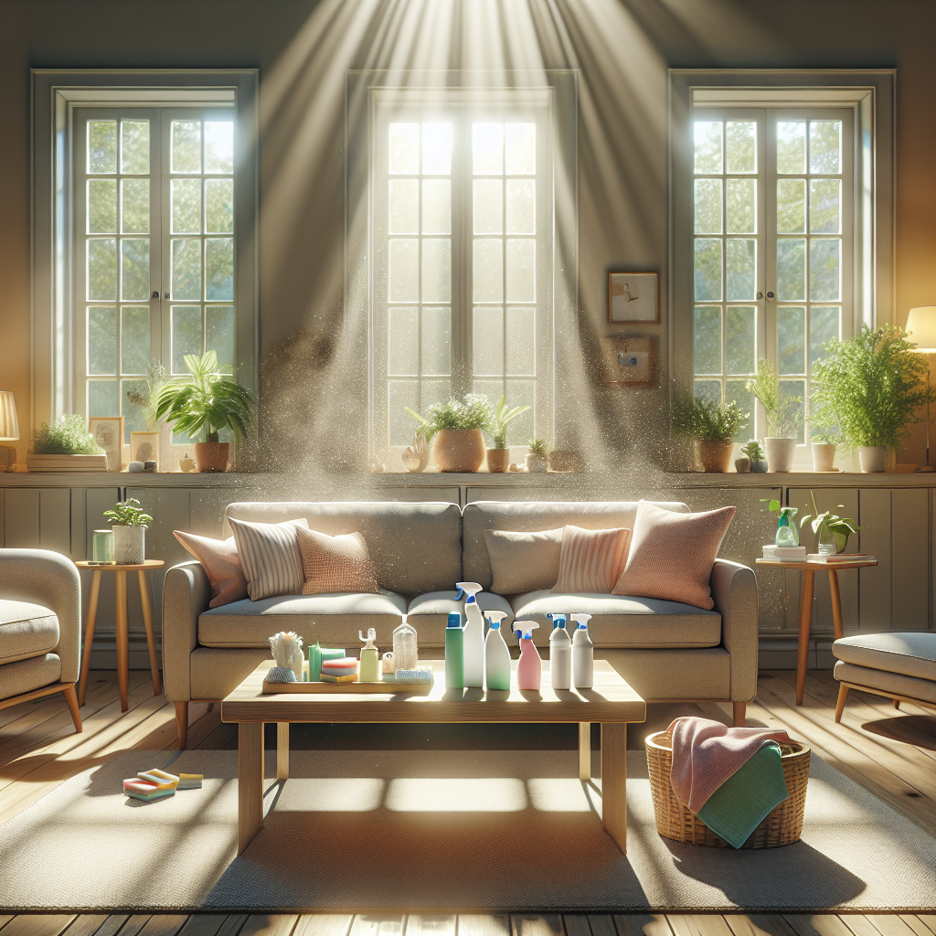 A cozy living room in Erie, PA with cleaning supplies arranged on a wooden coffee table.