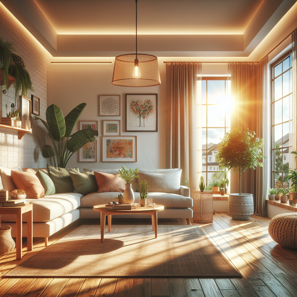 A cozy, organized living room in Erie, PA, with warm sunlight and plants.
