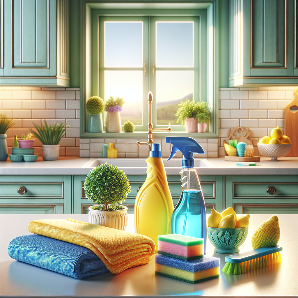 A well-organized cleaning toolkit on a kitchen countertop.