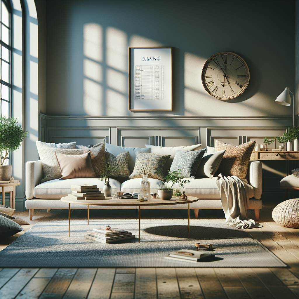 A clean and organized living room with a sofa, coffee table, and sunlight streaming through windows.