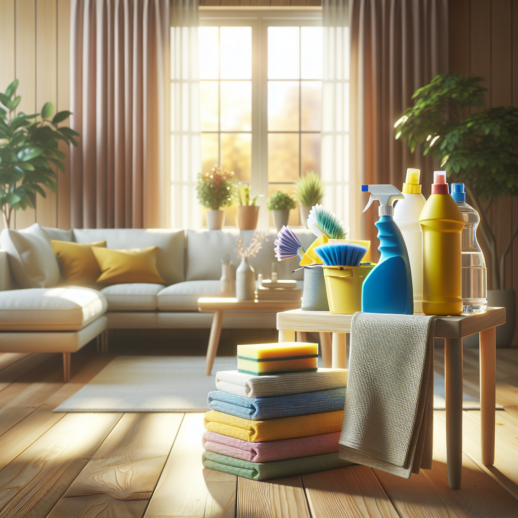 An organized home cleaning space with cleaning supplies on a table and a sunny living room in the background.