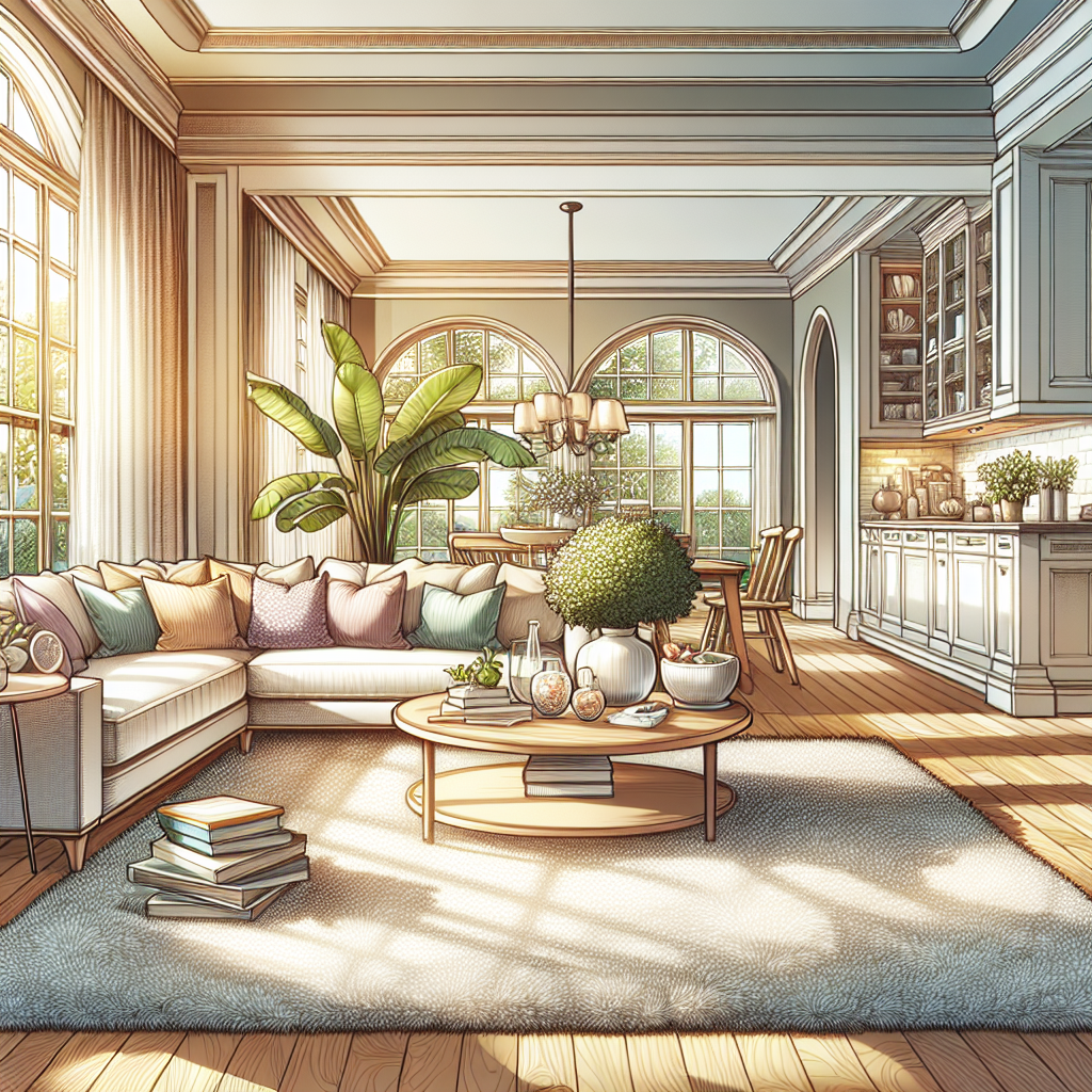 A clean and inviting living room with neutral furniture, warm light, and a cozy atmosphere.