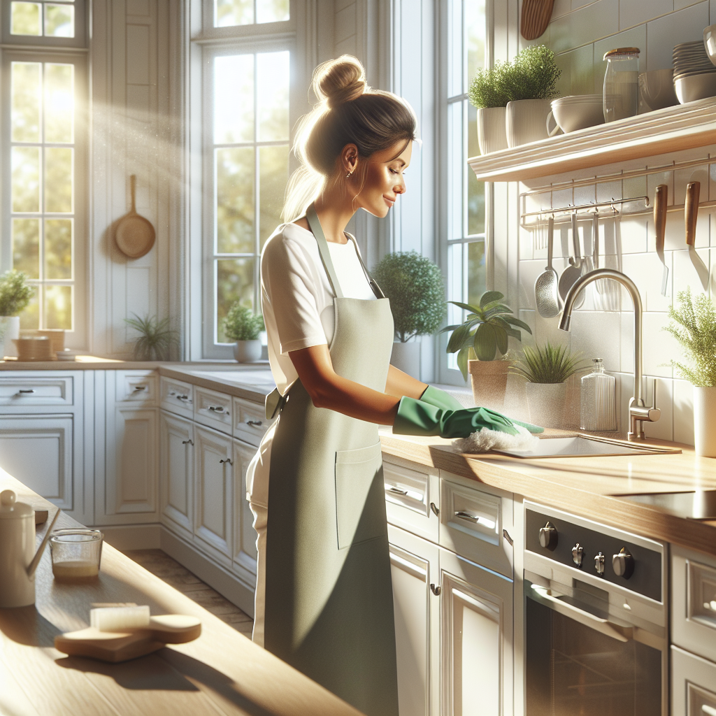 A professional cleaner dusting a bright kitchen countertop, emphasizing cleanliness and warmth.