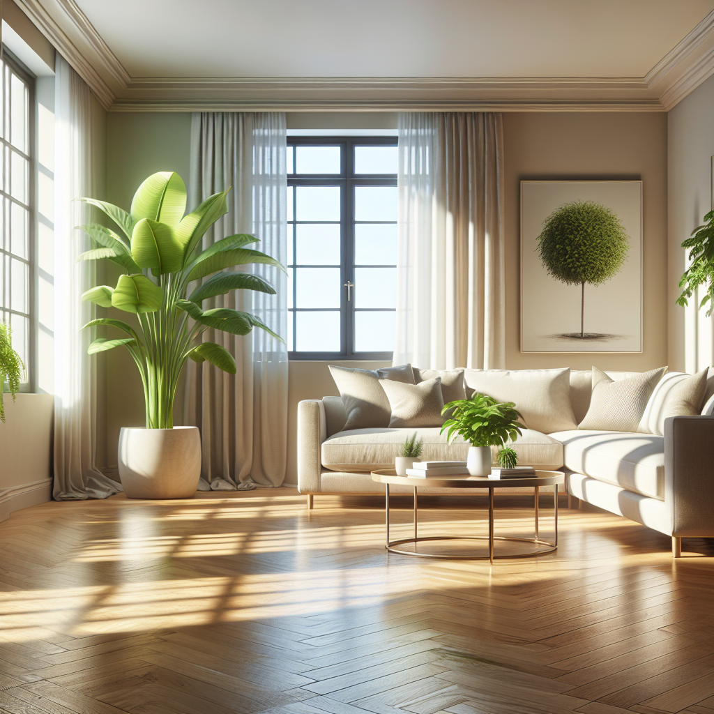 A clean and inviting living room with a beige sofa, coffee table, and natural light.