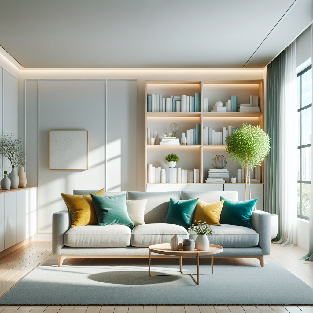 A clean and inviting living room with a gray sofa, colorful pillows, and natural light.