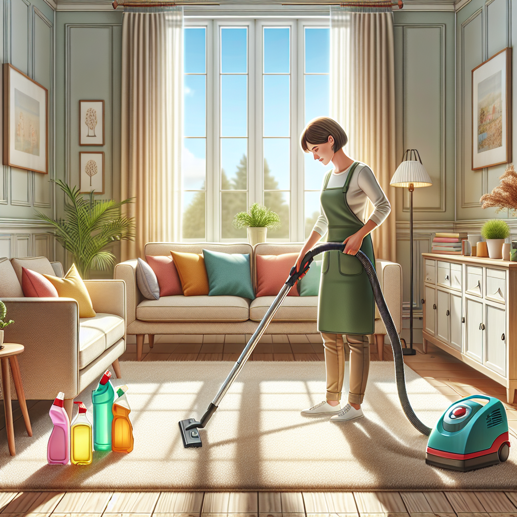 A residential cleaner vacuuming a cozy living room.