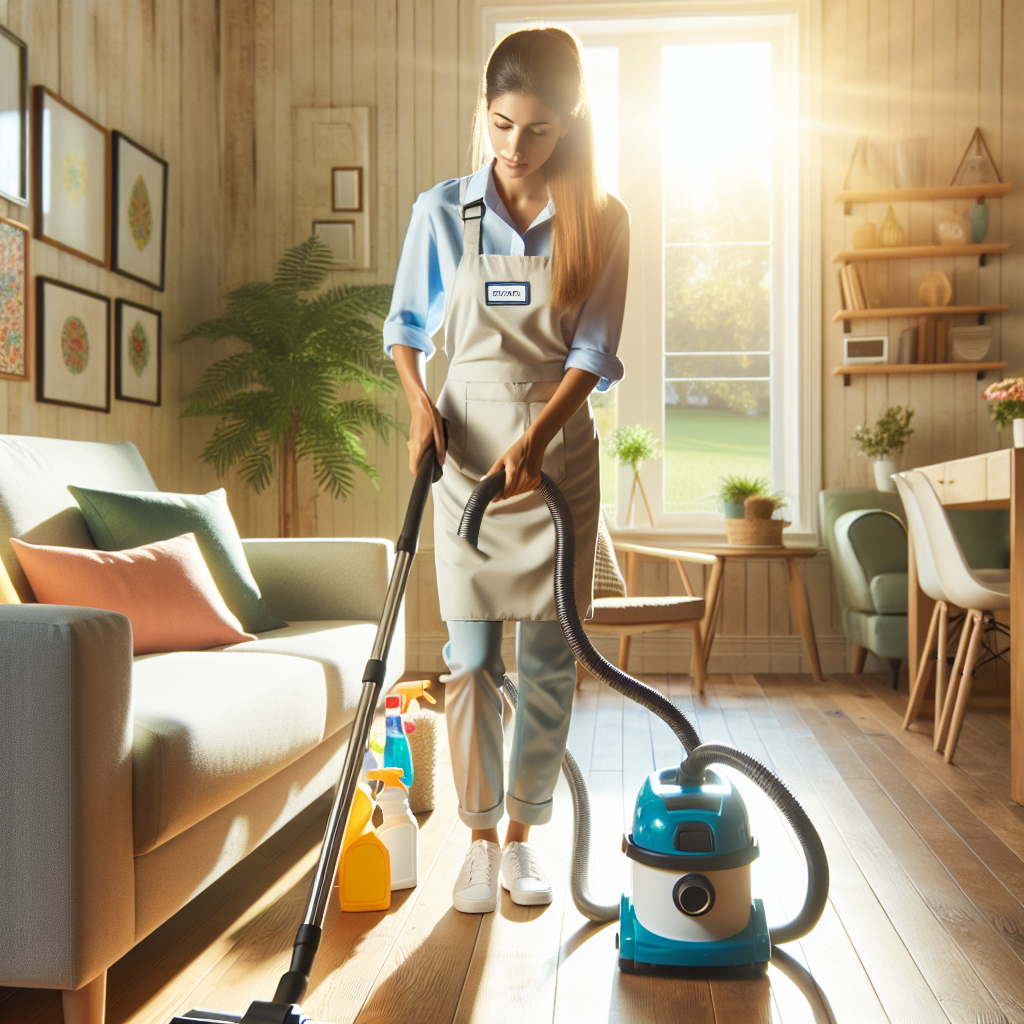 A residential cleaner vacuuming a living room with eco-friendly products.