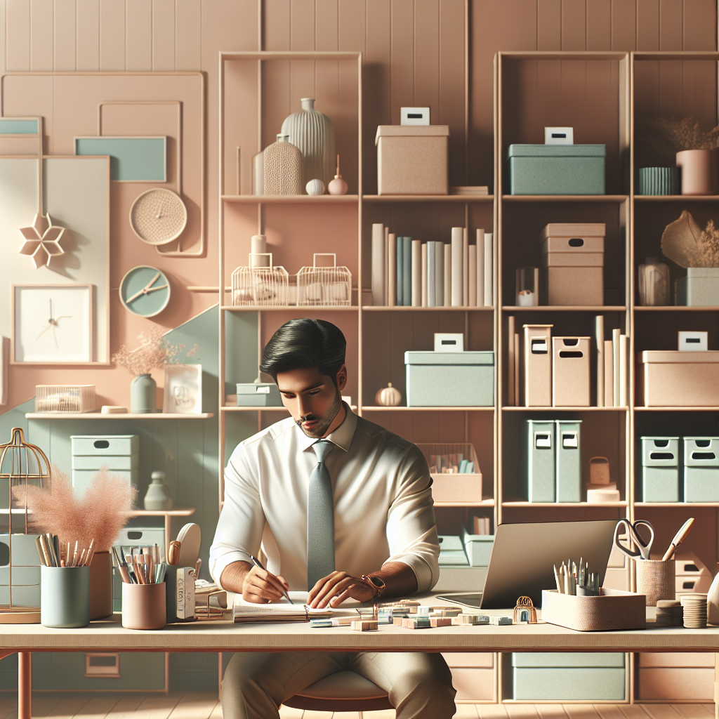A professional organizer's workspace with colorful organization tools on a desk.