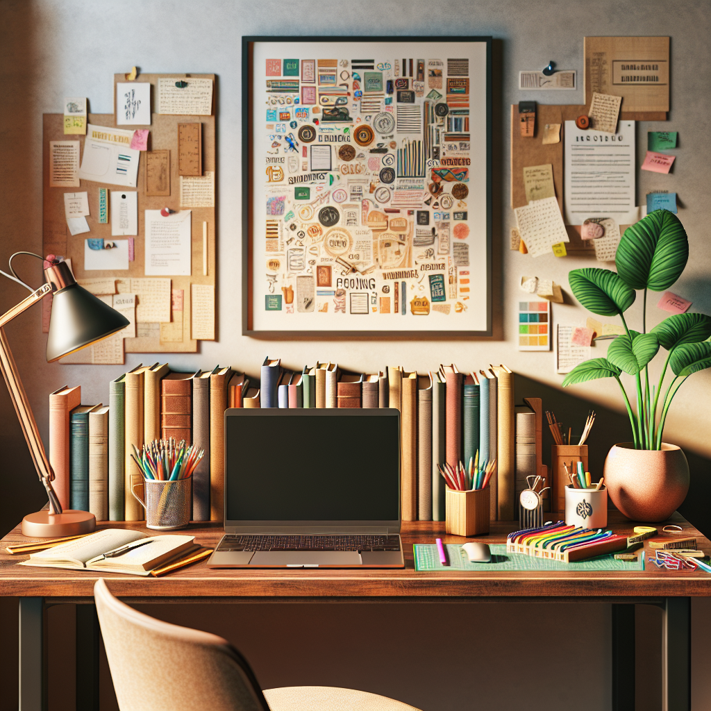 A cozy, organized workspace with a wooden desk, neatly stacked books, a laptop, and a potted plant.