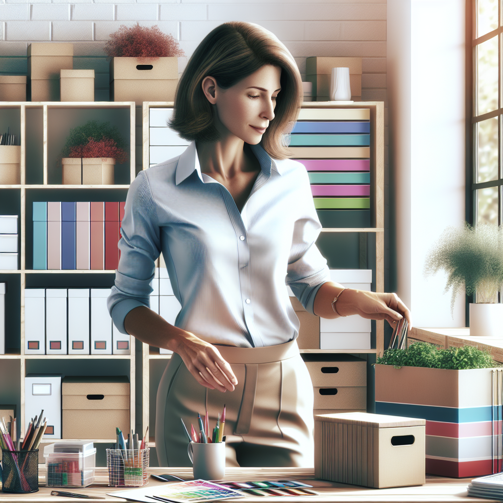 A professional organizer sorting office supplies in a bright, modern home office.