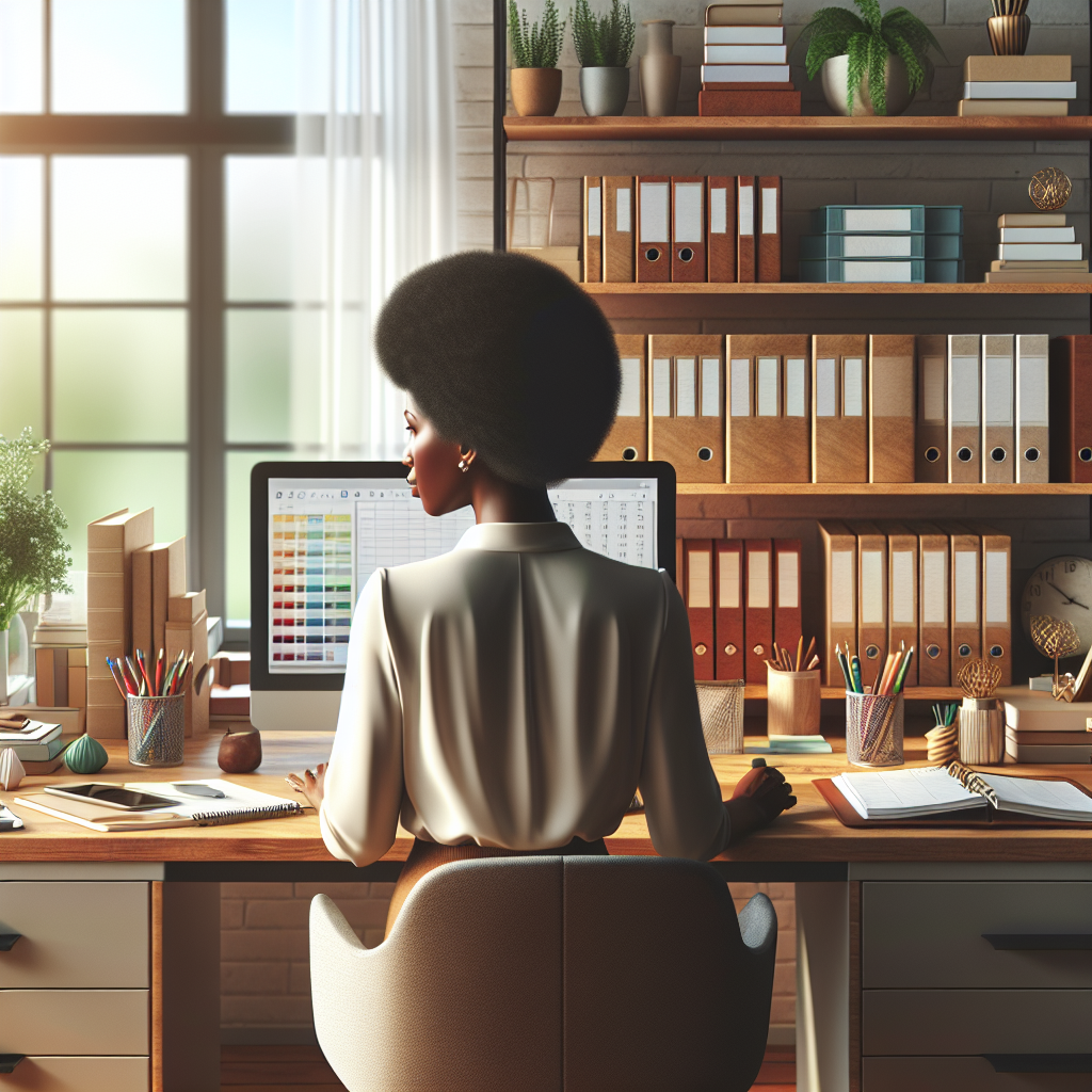 A tidy professional organizer's workspace with a clutter-free desk and organized office supplies.