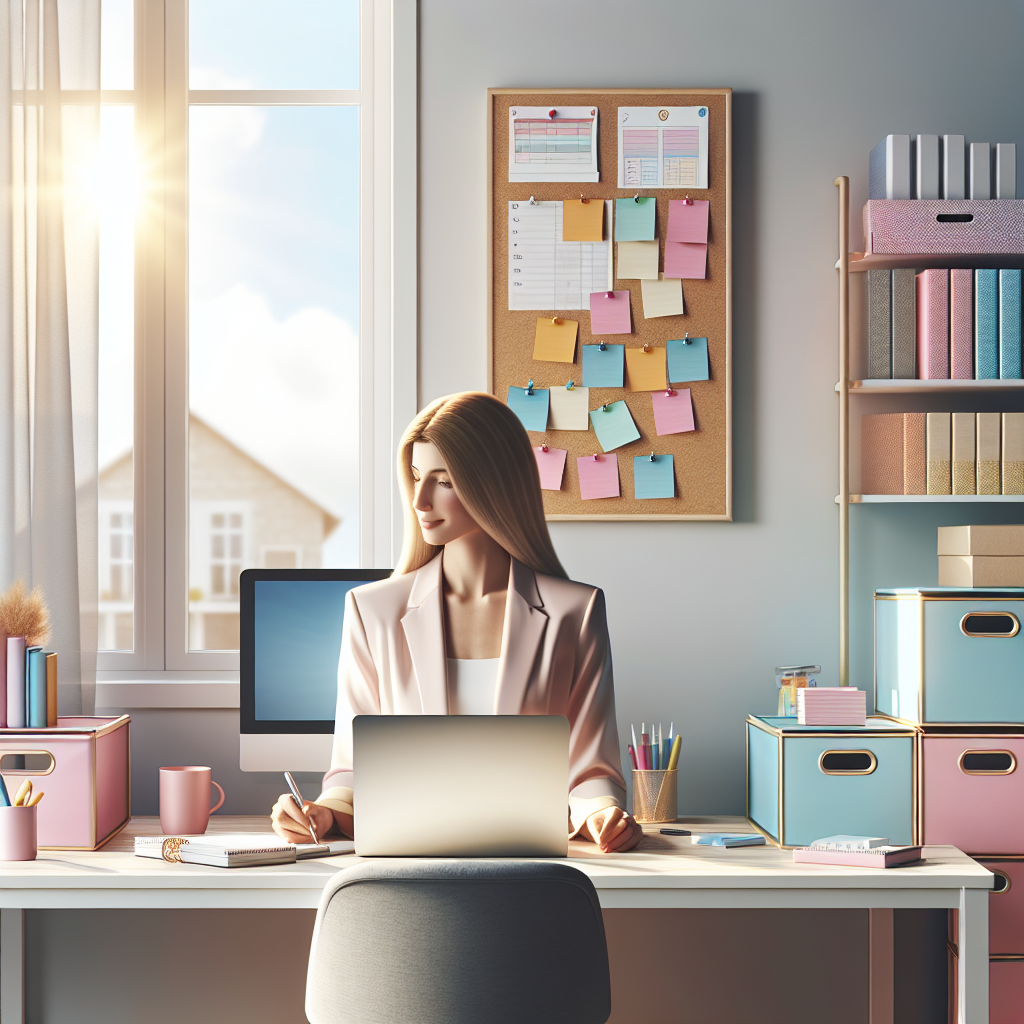 A professional organizer's workspace with a sunny atmosphere, organized desk, laptop, and colorful bins.