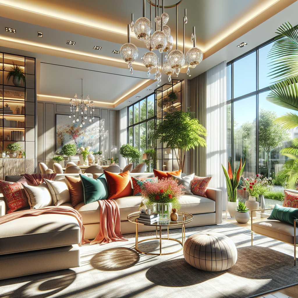 A modern, clean living room interior with bright sunlight and cozy furniture.