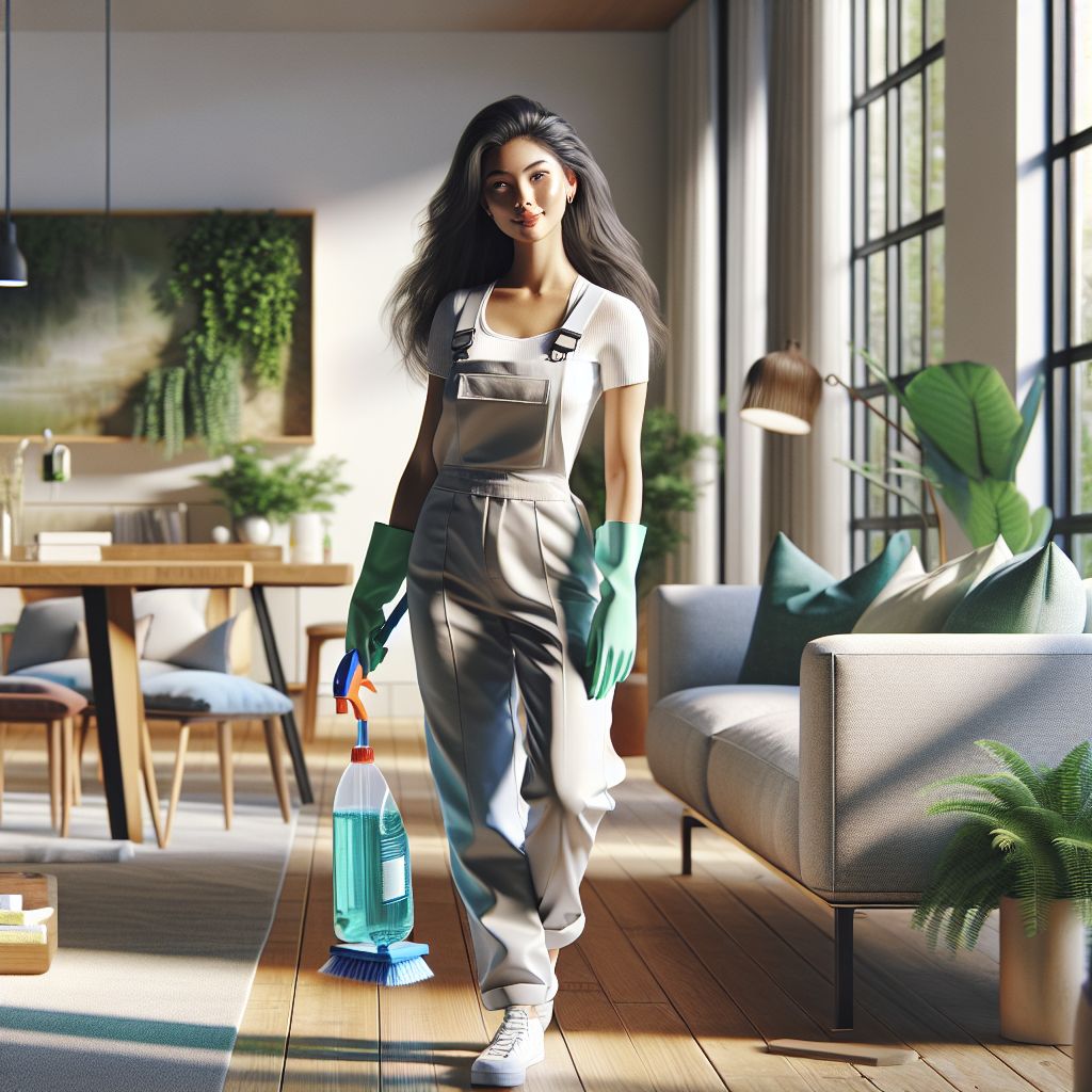 A professional cleaner in a stylish living room, using eco-friendly products.