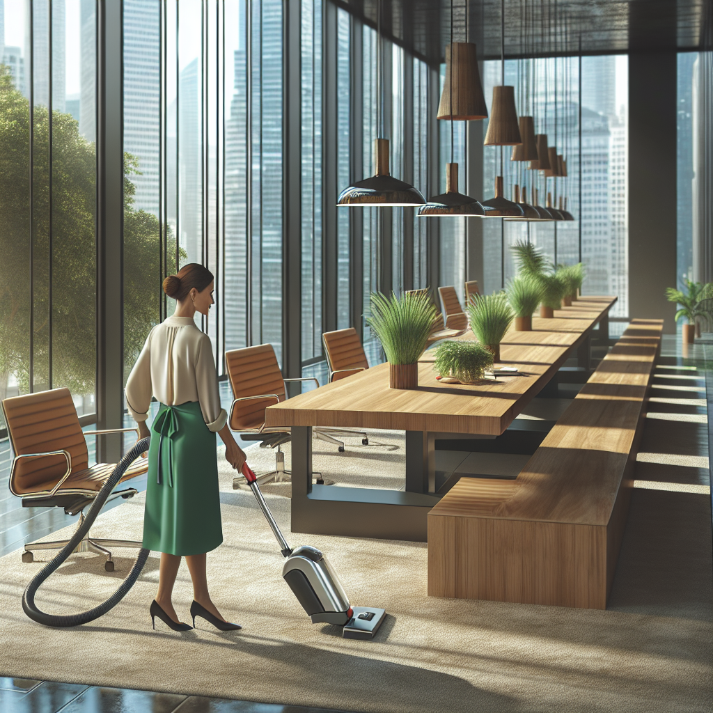 A cleaning professional vacuuming a modern office space in Edmonton.