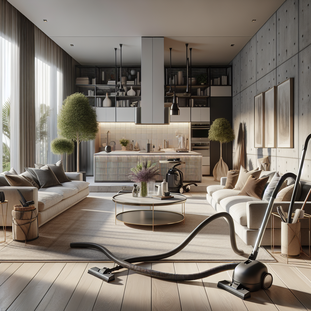 A cozy and clean Edmonton home interior with a bright living room, plush furniture, and cleaning supplies.