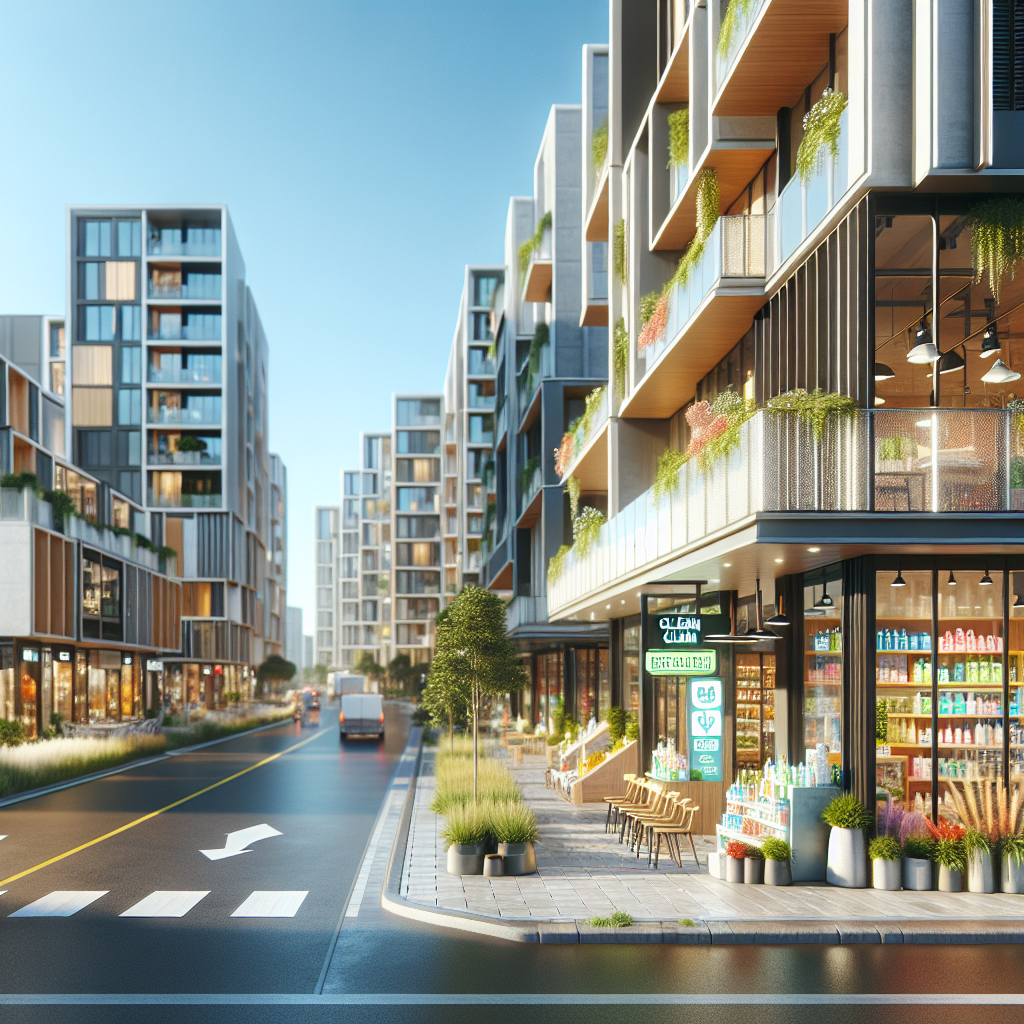 A clean urban street scene in Leduc, showcasing eco-friendly cleaning products with modern buildings.