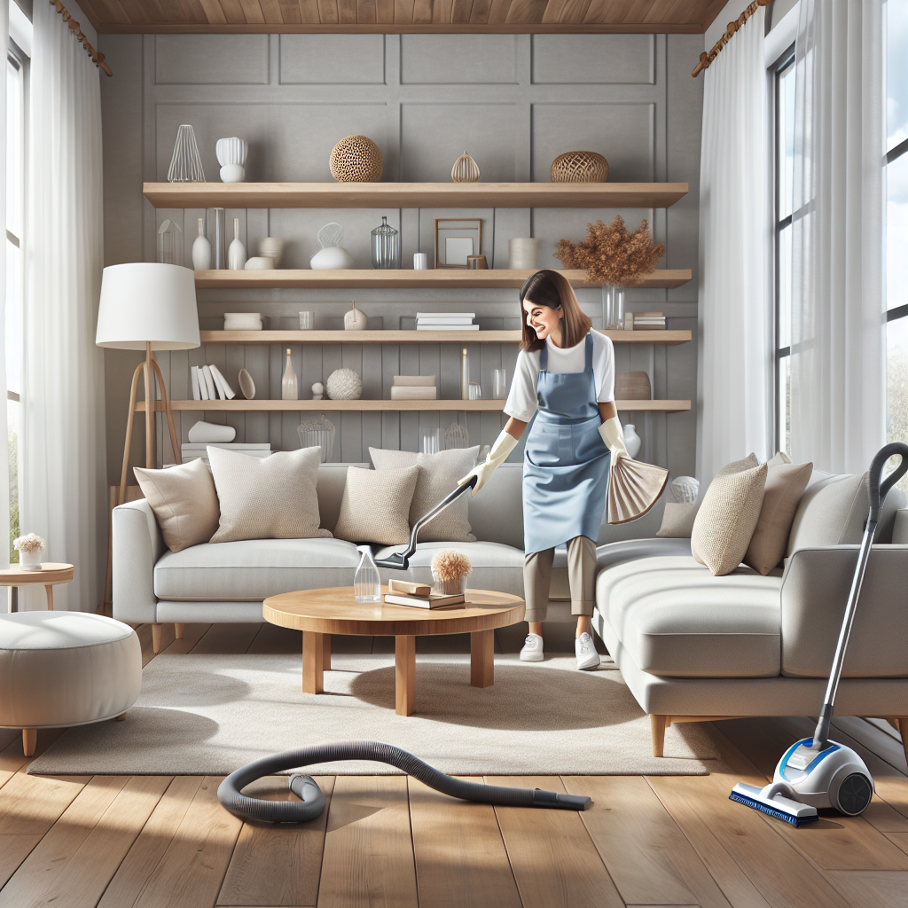 A clean living room with a smiling cleaning professional dusting shelves.