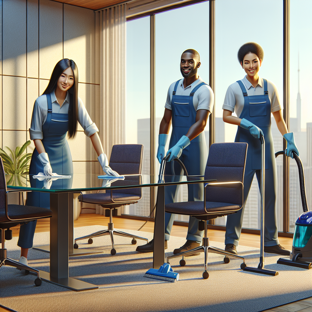 Cleaning professionals in a modern office cleaning a conference table and vacuuming a carpet.