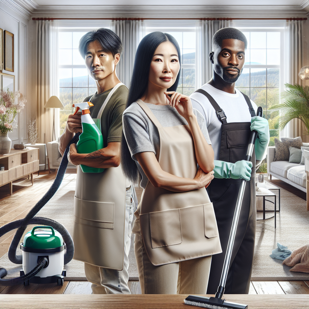 A team of diverse cleaning professionals in a clean residential living room.