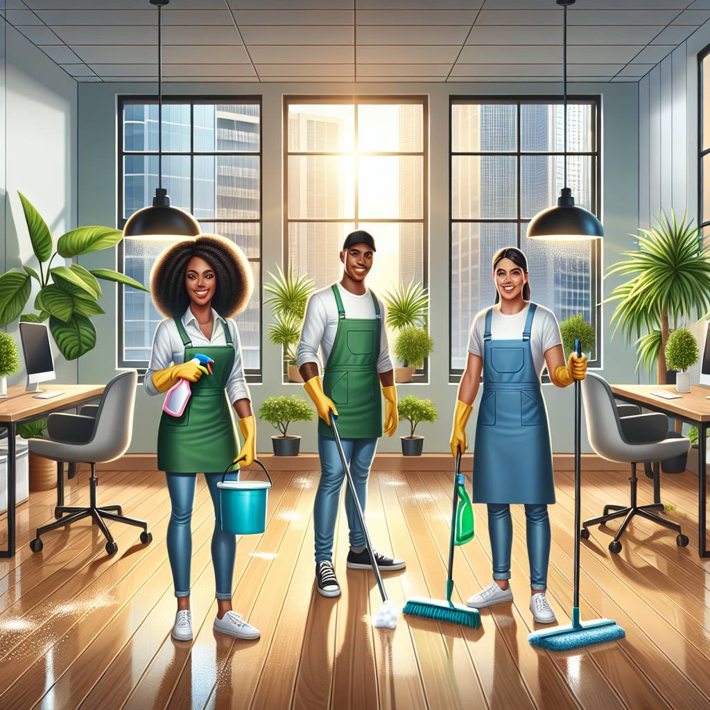 A modern cleaning team in a bright office space using eco-friendly products.