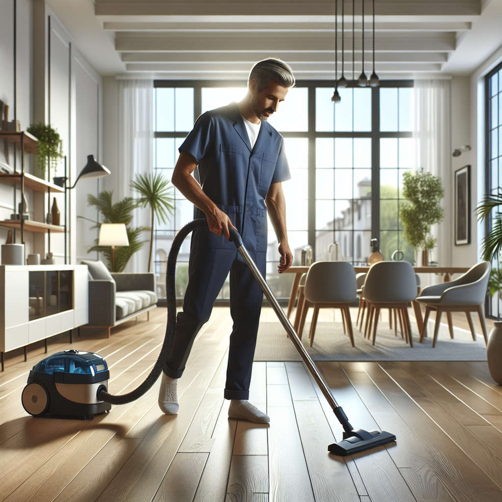 A cleaning professional at work in a bright room, vacuuming the floor.