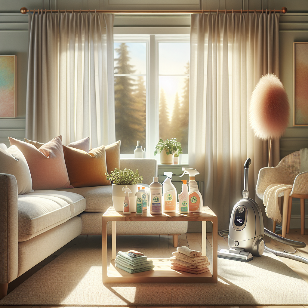 A clean and inviting living room in an Edmonton home showing eco-friendly cleaning products, a vacuum cleaner, and sunlight through curtains.