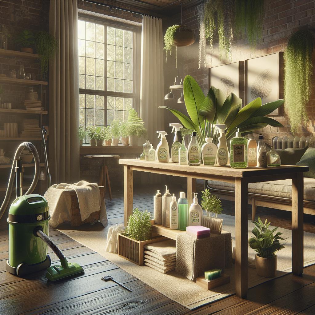 A home interior scene showcasing eco-friendly cleaning products and tools.
