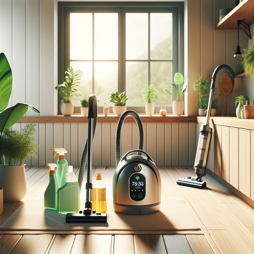 A clean, sparkling home environment with eco-friendly cleaning products and a vacuum cleaner.